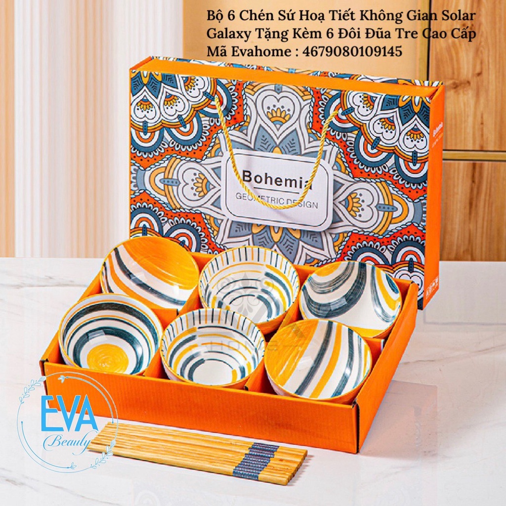 SÉT 6 Chén Sứ Hoạ Tiết Hoa Văn Phong Cách Tặng Kèm 6 Đũa Hoá ĐẸP