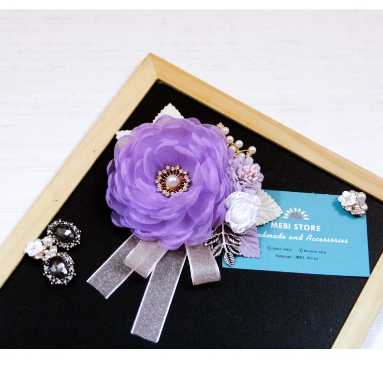 ẢNh thật 100% - Hoa cài áo MEBI Handmade mẫu hoa chùm màu tím size lớn