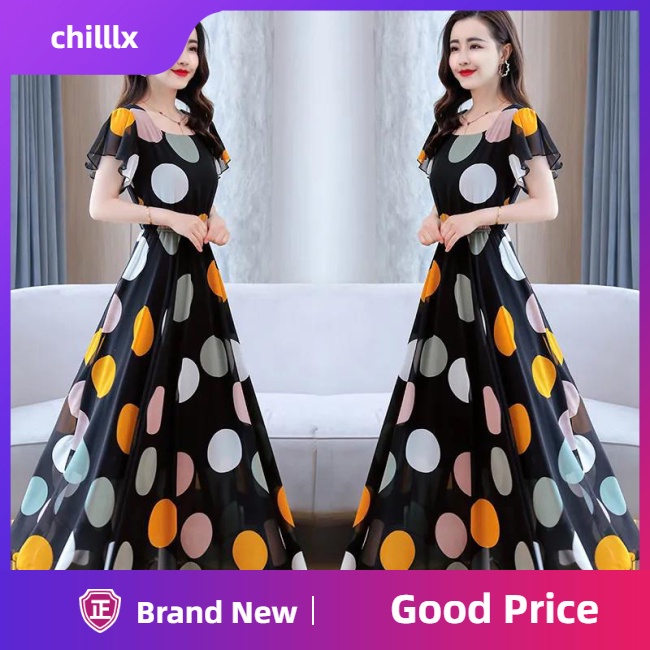 Đầm Chữ A Tay Loe Dài Cổ Tròn In Họa Tiết Chấm Bi Thời Trang Cho Nữ