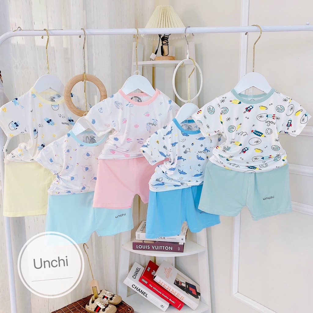 [SALE] Bộ Cộc Tay Cho Bé Trai, Bé Gái UNCHI Vải Thun Lạnh Petit Hoạ Tiết Biển Xanh, Bộ Sơ Sinh Cho Bé Mặc Nhà Hè UN2207