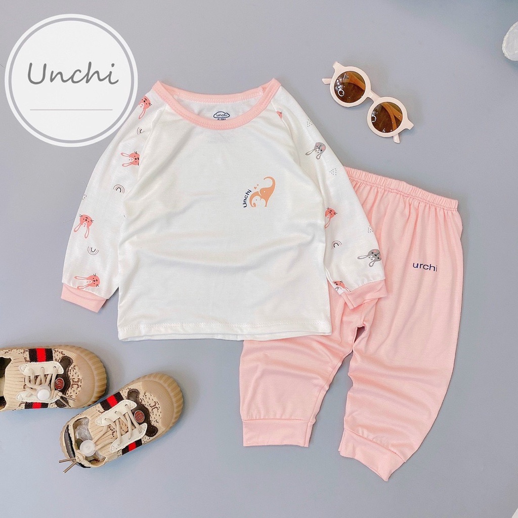 Bộ dài tay Unchi chất peptit nền trắng cổ màu cực đẹp cho bé trai bé gái Namkidshop