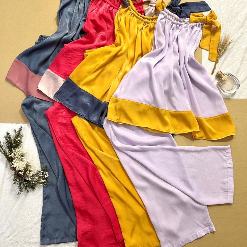 Set lụa culottes ống rộng cổ yếm đi chơi Infashion