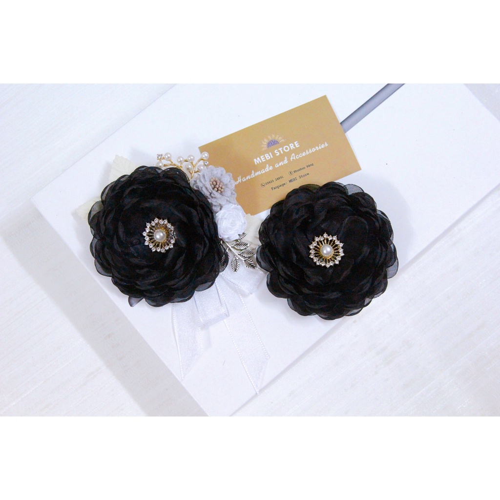 Hoa cài áo MEBIHandmade cao cấp tone màu đen siêu sang, hoa vải handmade mẫu hoa hồng đen trắng NOBOX