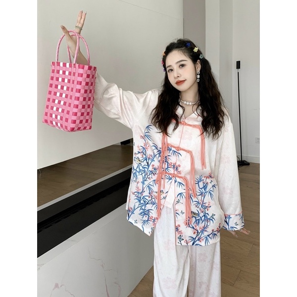 [Hàng sẵn] bộ ngủ mặc nhà pijama lụa xước Quảng Châu cao cấp nút thắt hồng