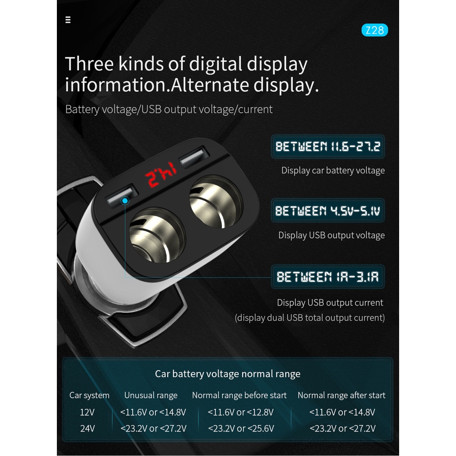 Tẩu sạc HOCO.Z28 160W cổng cắm USB kép với màn hình LED hiển thị có thể xoay 45 độ cho xe hơi