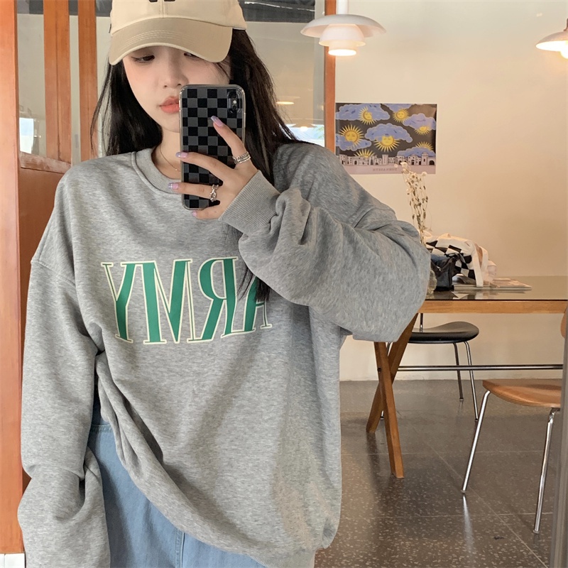 Áo Sweater Tay Dài Dáng Rộng Cổ Tròn In Chữ Kiểu Hàn Quốc Cá Tính