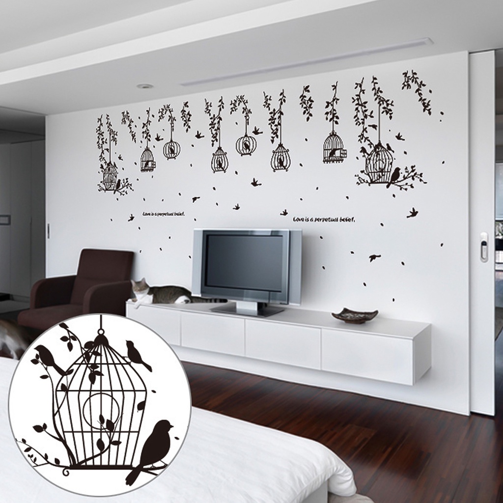 Black Birdcage Leaves Silhouette Wall Decor Sticker Living Room Bedroom Decal