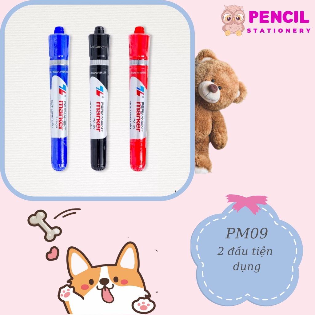 Bút Lông Dầu Thiên Long PM-04 PM-09 0.8mm 1mm, Bút Dạ Kính 2 Đầu Nhiều Màu Đen Xanh Đỏ Cho Văn Phòng