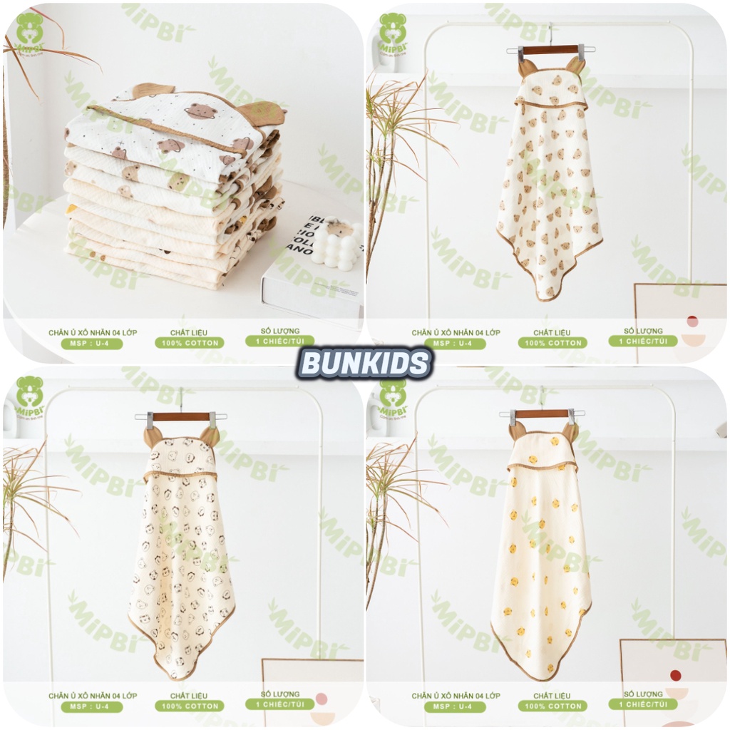 Chăn Ủ choàng  Xô Muslin Mipbi 4 Lớp Có Mũ Siêu Thoáng Mềm Mịn Cho Bé Sơ Sinh