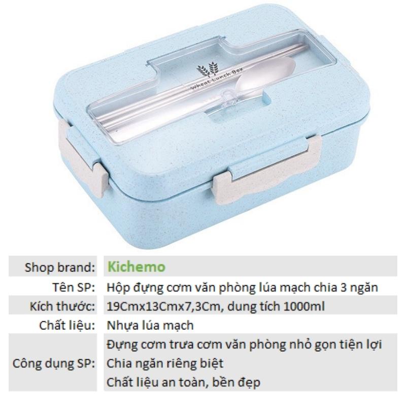 Hộp Đựng Cơm Văn Phòng Lúa Mạch Chia 3 Ngăn Giữ Nhiệt Tặng Kèm Đũa Thìa