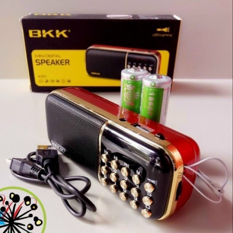 Loa Nghe Nhạc USB Thẻ Nhớ BKK K51 Có Đèn Pin - 2 Pin, Nghe Thẻ Nhớ, USB, FM Radio, Có Jack Tai Nghe
