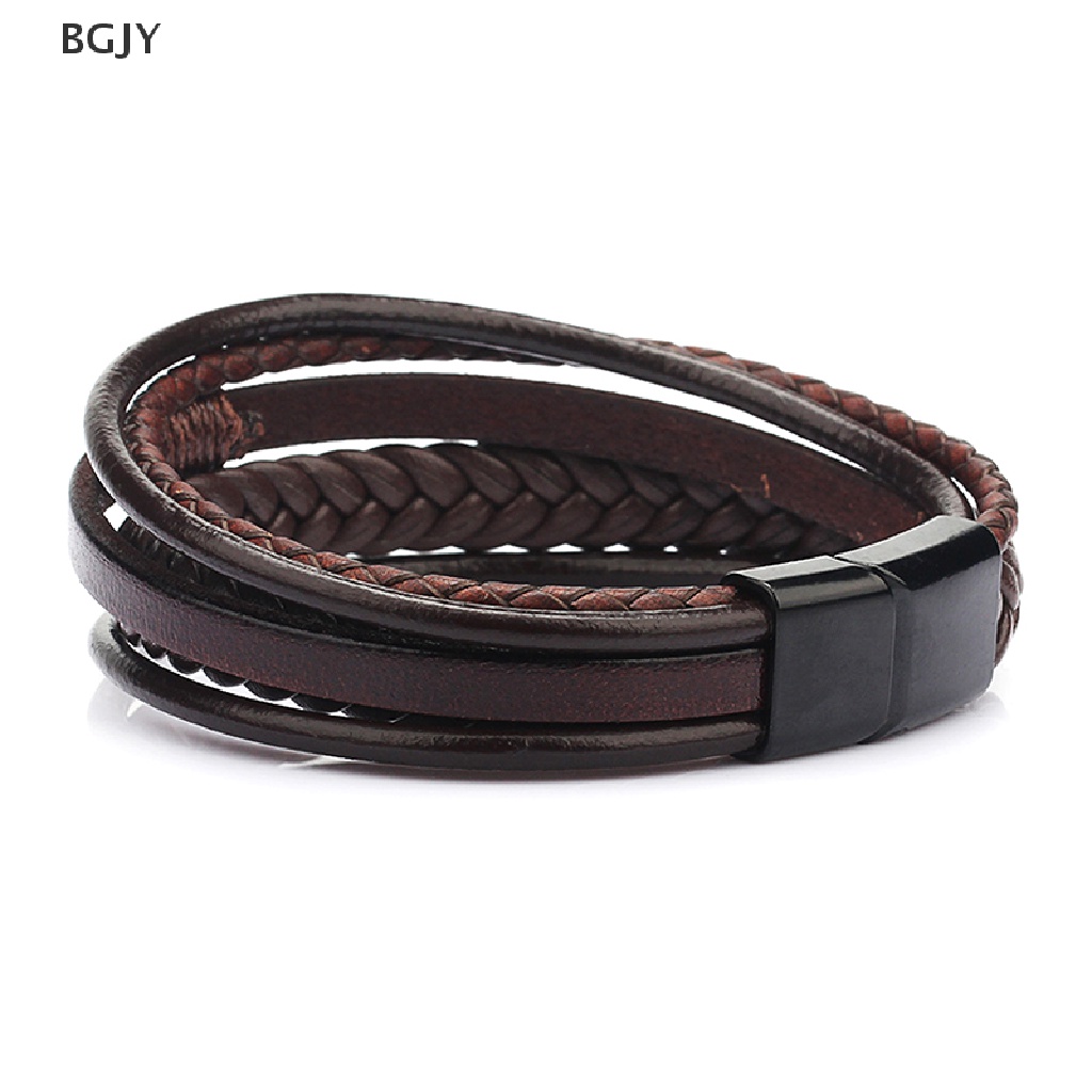 BGJY Trendy Leather Bracelets Men Stainless Steel Multilayer Braided Rope Bracelets NEW