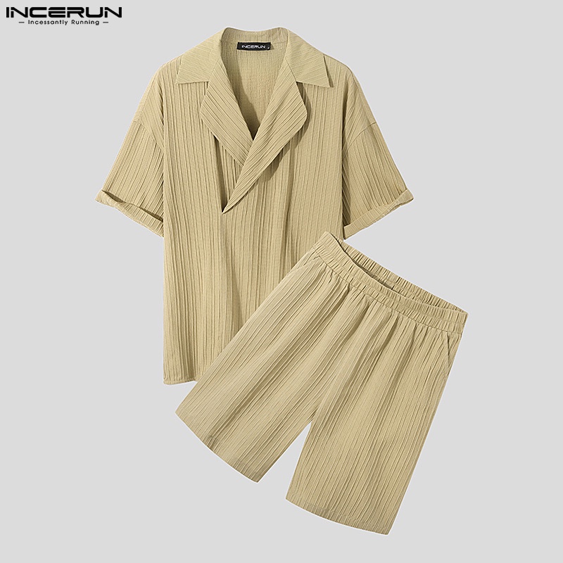 Set áo sơ mi ngắn tay + quần short INCERUN màu trơn cho nam