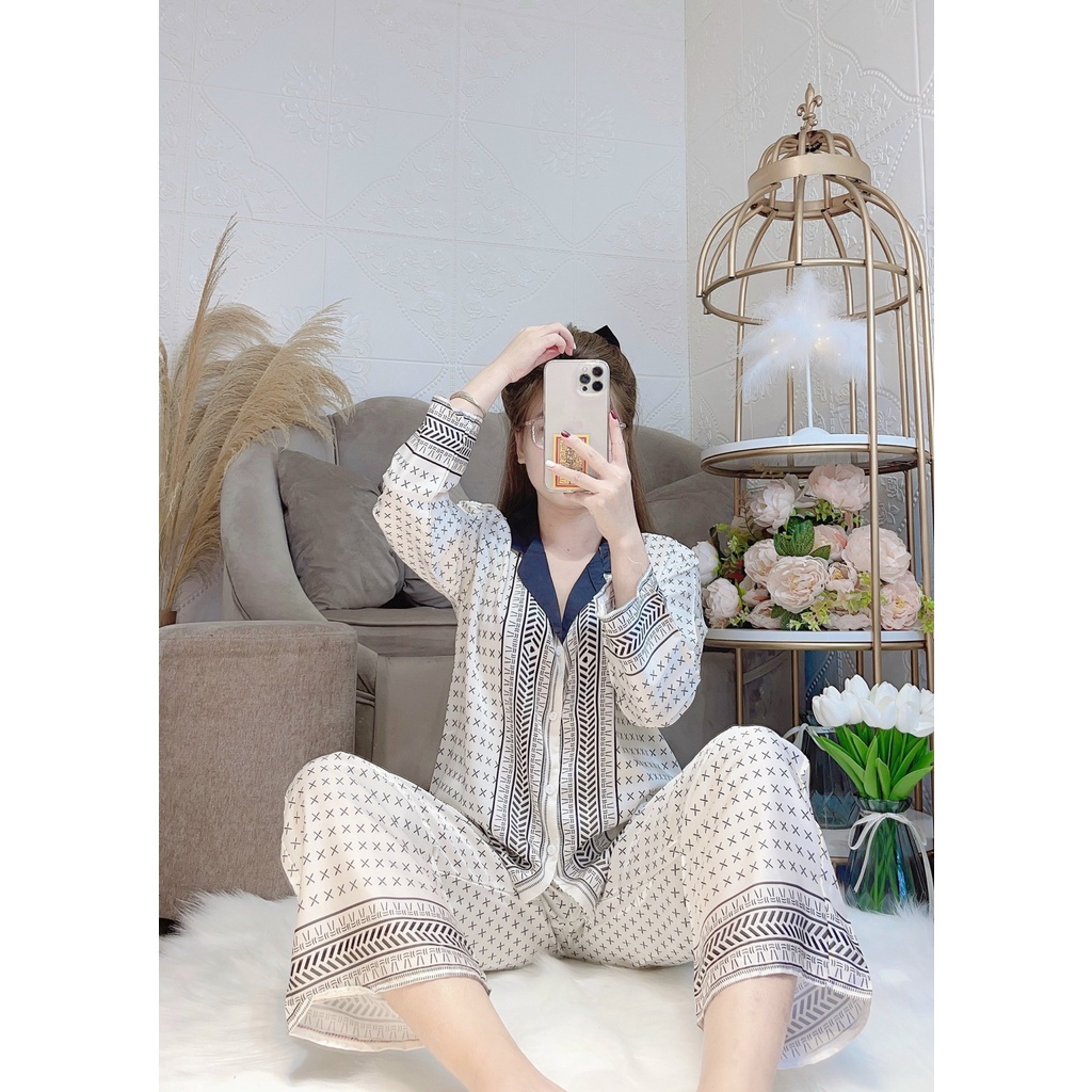 Bộ pijama dài tay lụa Latin thiết kế - Bộ đồ ngủ mặc nhà CAO CẤP.