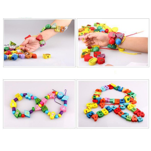 Đồ chơi xâu hạt gỗ hộp trái tim - 50 chi tiết và 2 dây xâu - chọn chủ đề cho bé