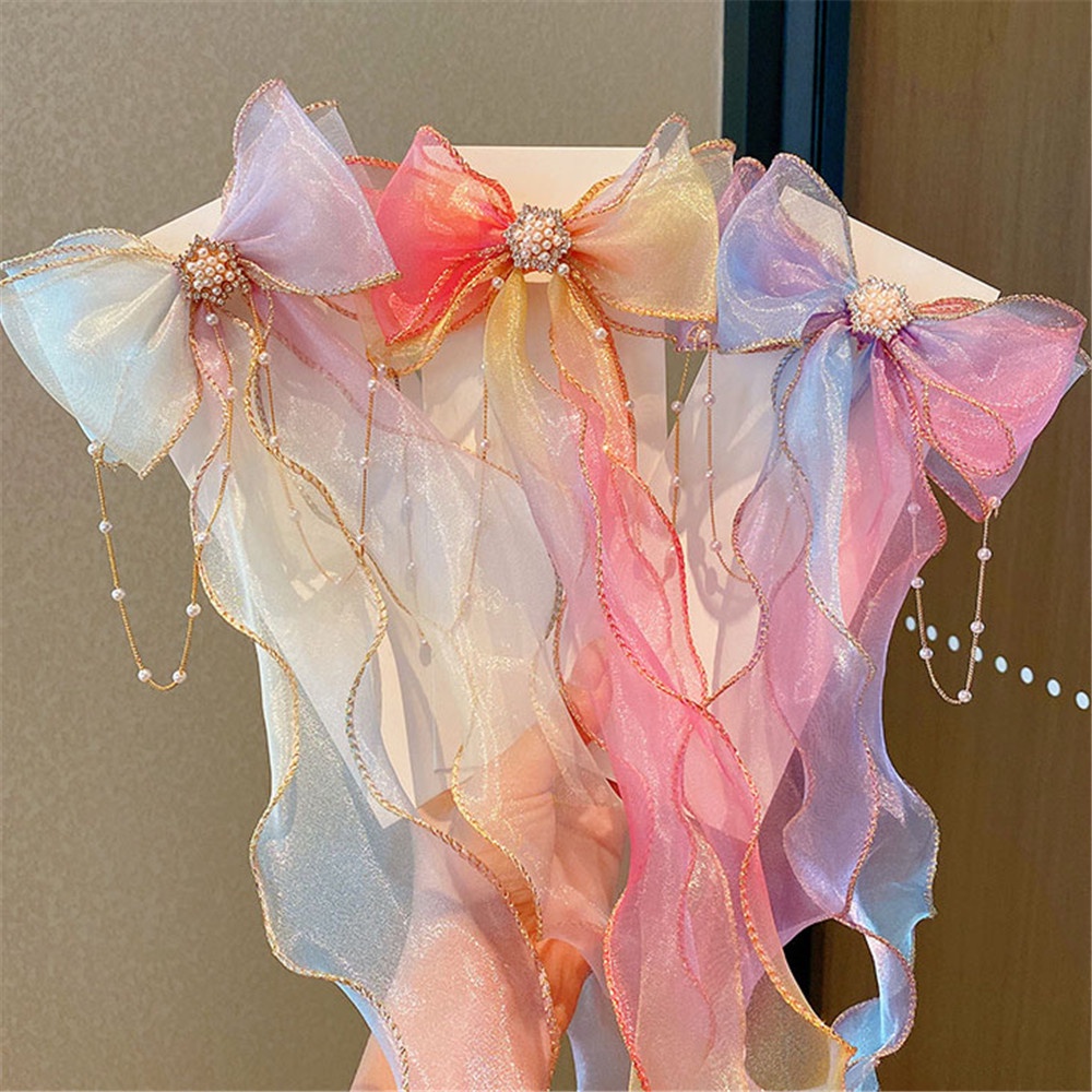 Kẹp Tóc Nơ Ren Đính Ngọc Trai Xinh Xắn Cho Bé Gái