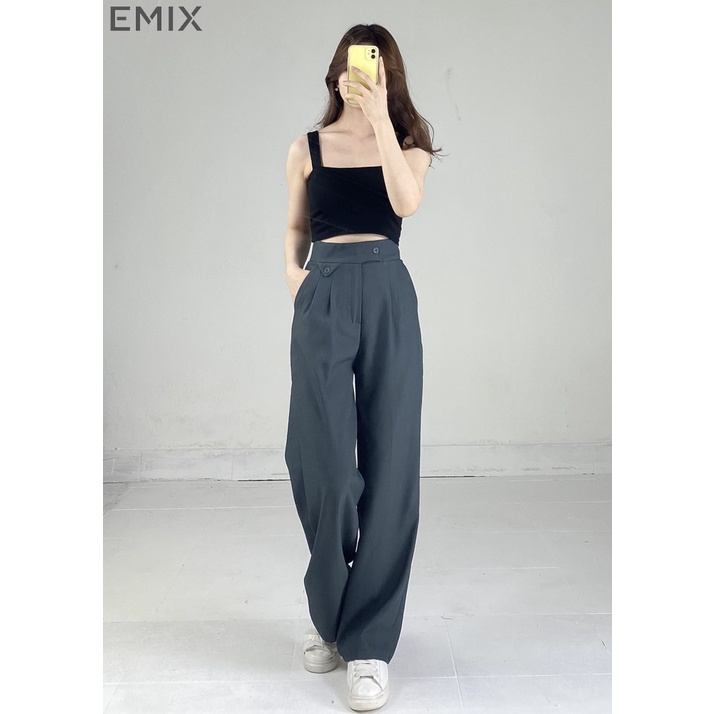 Quần suông cạp túi tam giác EMIX (4 màu), khóa cúc, dáng suông dài, form rộng, cạp cao, khóa giữa, chất ruby 255