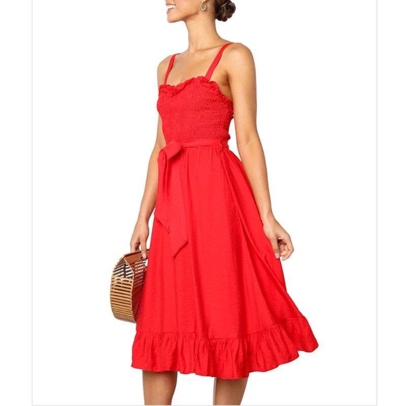 Xiangbao Đầm Xòe Dài Tới Gối Không Tay Xếp Ly Tầng Màu Trơn Cho Nữ Be