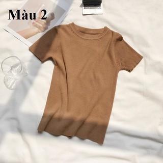 áo len tăm nữ cộc tay cổ tròn