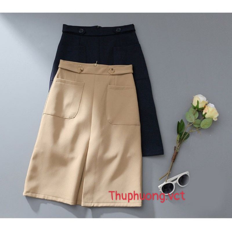 Chân Váy Chữ A dáng dài 60cm che đầu gối có 2 túi ốp và đai cách điệu thời trang công sở nữ