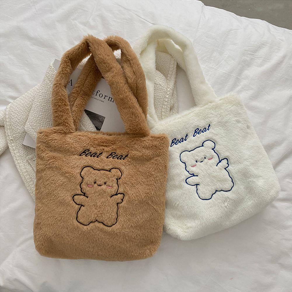 Túi Xách Tote Vải Lông Mềm Hình Gấu Hoạt Hình Đáng Yêu Sức Chứa Lớn Thời Trang Thu Đông Cho Nữ