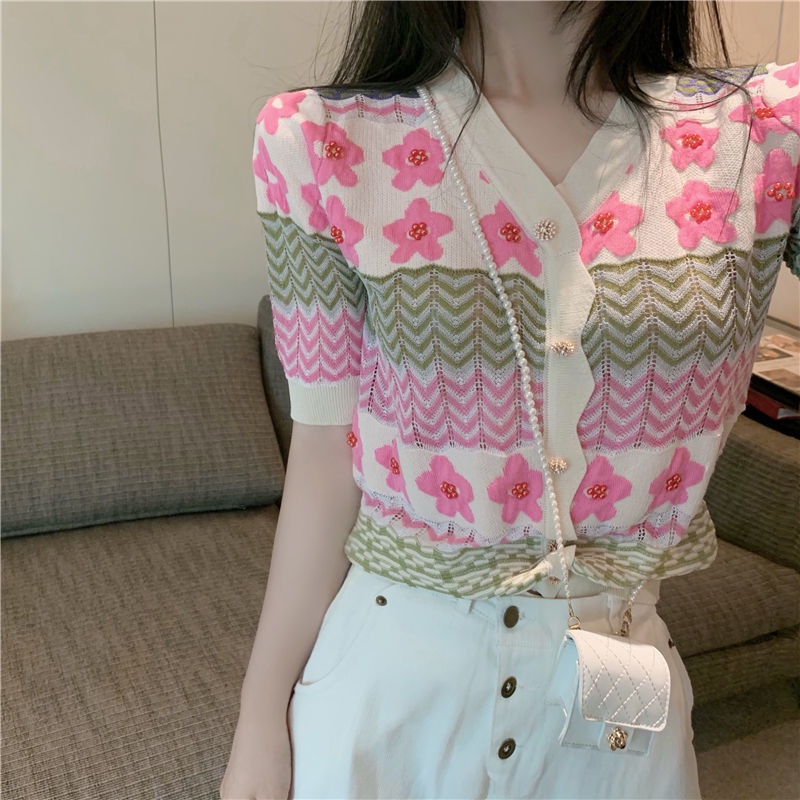 Áo Dệt Kim Tay Ngắn Cổ Chữ v Thiết Kế Đục Lỗ Thời Trang Cho Nữ  tao bao
