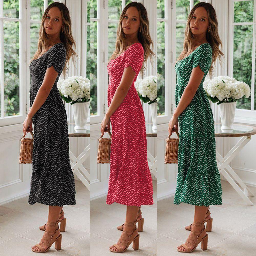 Đầm Midi Nữ Tay Ngắn Họa Tiết Chấm Bi Phong Cách Boho