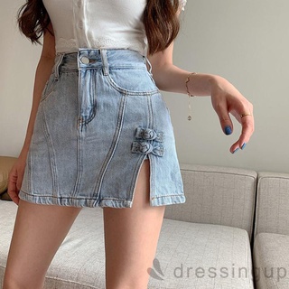 DRE-Women´s High Waist Denim Skirt, Zipper Button Closure Solid Color Knotted Buckles Split Hem Invisible Shorts Skirt