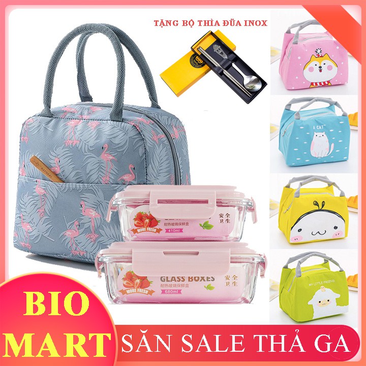 [TẶNG TÚI GIỮ NHIỆT + BỘ THÌA ĐŨA] Hộp cơm văn phòng - 2 Hộp cơm thủy tinh giữ nhiệt không chia ngăn - BIO52