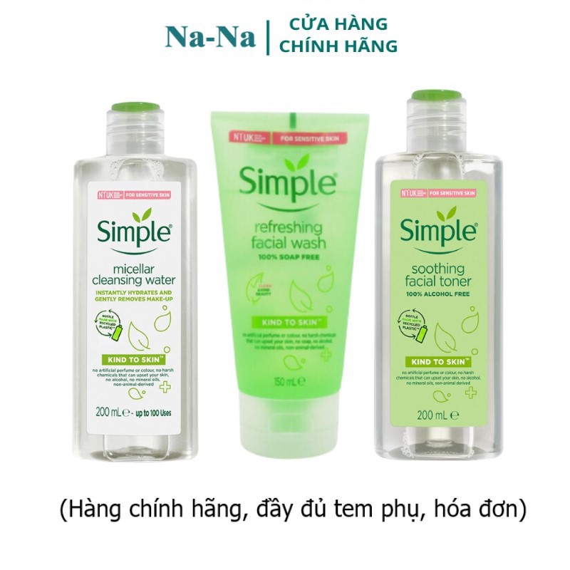 [Hàng chính hãng, có tem phụ] Combo chăm sóc da Simple Nước tẩy trang, sữa rửa mặt, nước hoa hồng dịu nhẹ, sạch sâu