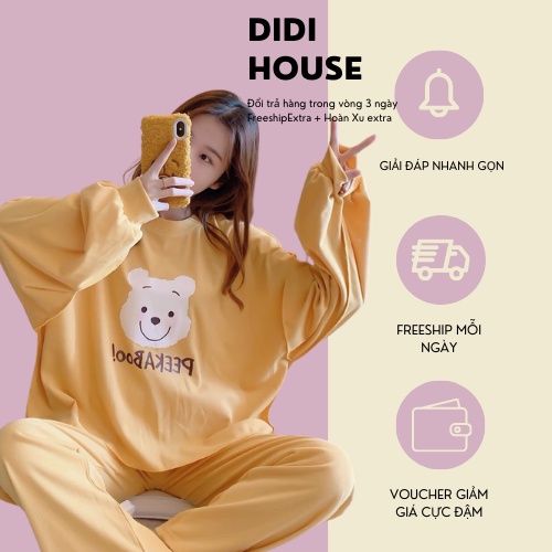 Bộ Pijama Nỉ Gấu BabyPoh 🦋 Set Quần Áo Thun Dài Tay Dáng Rộng In Hình 2 Màu 🦋