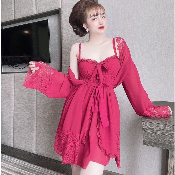 Váy Ngủ Nữ Tiểu Thư SOJUN Combo Chiffon Choàng Tiều thư Cao Cấp Dưới 60kg