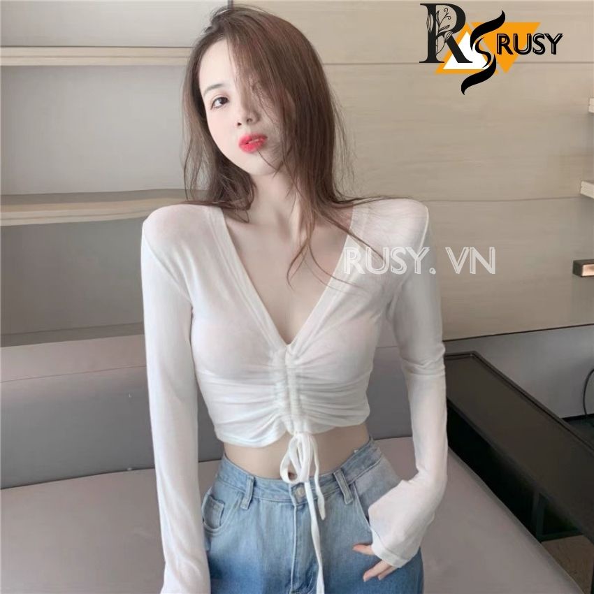 Áo Croptop Tay Dài Cổ Tim Rút Dây Kiểu Nữ Ôm Body Sexy CRT thun gân dày dặn cao cấp