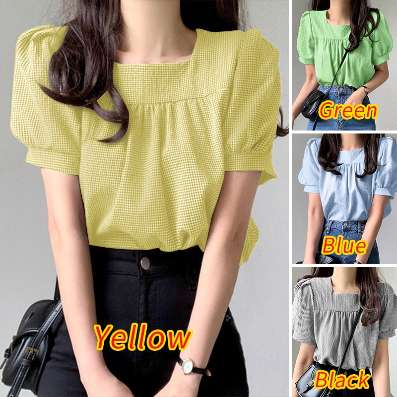 Áo kiểu ZANZEA tay phồng cổ vuông in họa tiết caro phong cách Hàn Quốc thời trang cho nữ