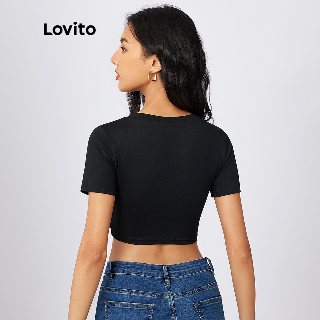 Lovito Phi hành đoàn Thư thường Áo phông Crop Tay ngắn Tay ngắn L21AS086 (Đen)