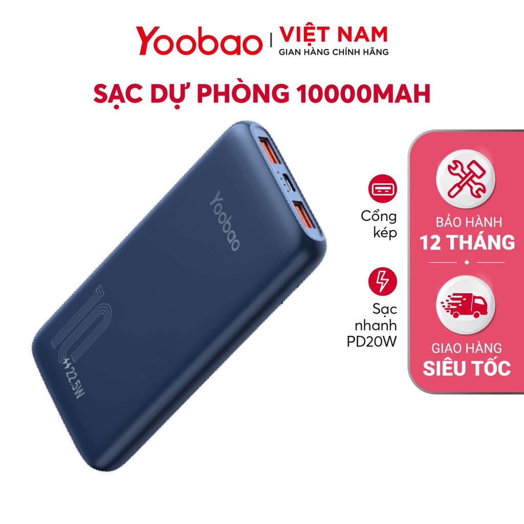 Sạc dự phòng Sạc nhanh YOOBAO D10Q 10000mAh Sạc Nhanh Cổng USB Kép Pin Polymer Cao Cấp - Hàng phân phối chính hãng