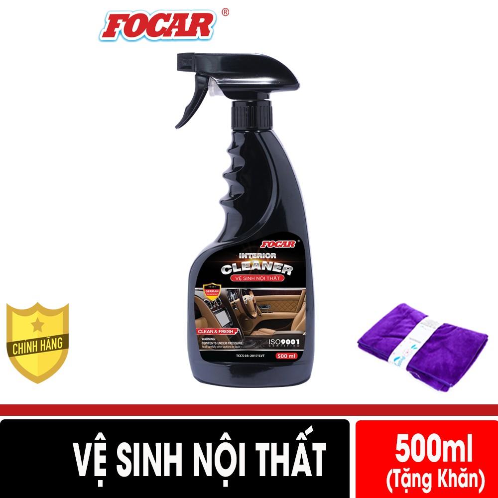 [SMART COMBO] Dung dịch vệ sinh nội thất ô tô FOCAR Interior Cleaner 500ml (Tặng khăn lau) - Tẩy ghế da, tẩy ghế nỉ
