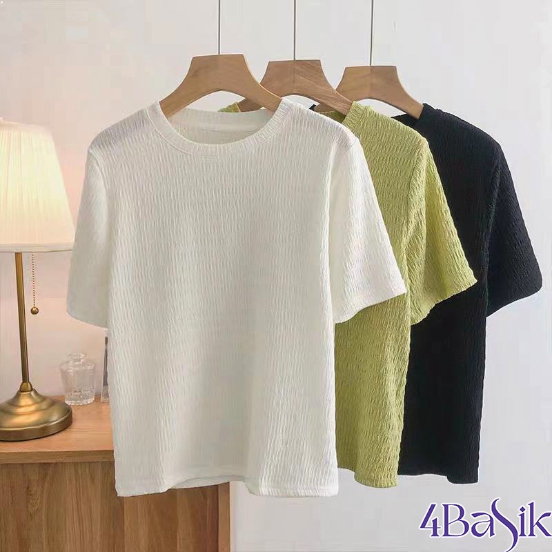 Áo thun kiểu vải xốp nhăn dáng ôm ngắn tay, Áo kiểu cổ tròn tay cộc - 4Basik N12