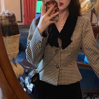 Áo sơ mi dạ kẻ cổ đen kèm nơ siêu xinh