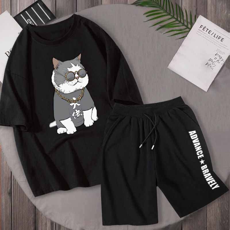 ❤ Tặng mã 50k ❤ Combo Áo Thun Vải Lưới MÈ Nam Nữ Cổ Tròn Tay Ngắn In Hình Mèo Mắt Kính Và Quần Shorts Đùi Phối Chữ