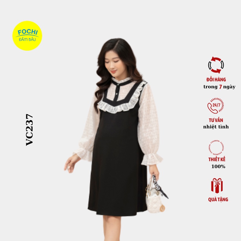 Váy Đũi Bầu Công Sở Phối Ren Thêu Bèo Ngực FOCHI VC237