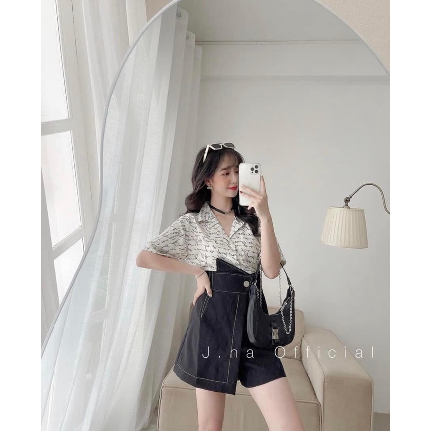 Set áo sơ mi chữ kí mix quần short giả váy ngắn TH118