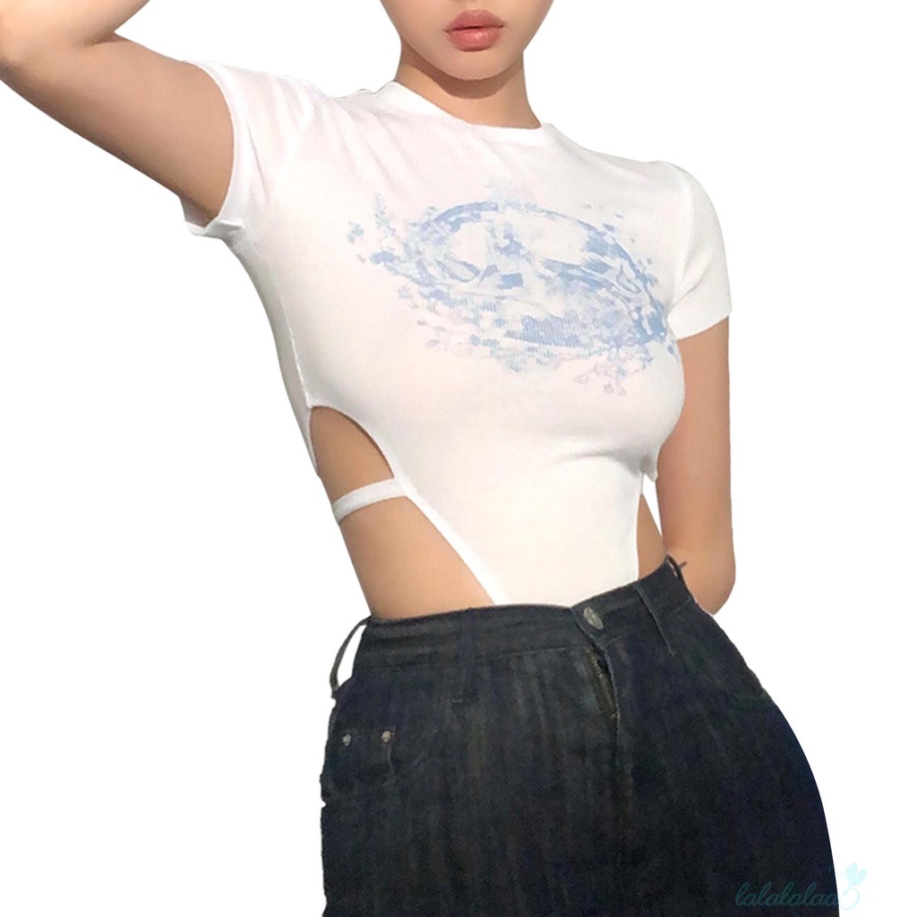 Bộ áo liền quần cổ tròn tay ngắn dáng ôm in họa tiết khoét lỗ 5- thời trang quyến rũ cho nữ | BigBuy360 - bigbuy360.vn