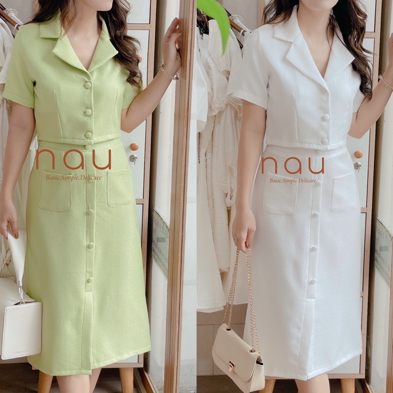 Set áo cổ vest crop & chân váy midi phối nút bọc