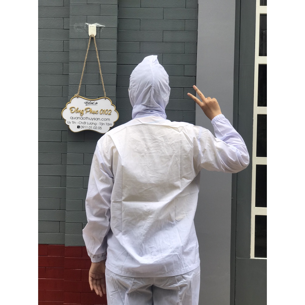 Quần áo thủy sản kate thường + nón cho công nhân chế biến thủy sản, thực phẩm, xưởng sản xuất trực tiếp hàng có sẵn