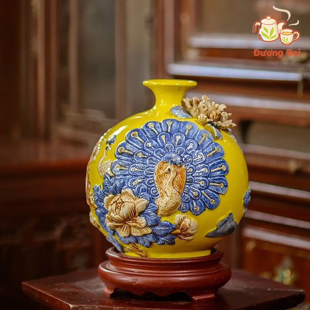 Bình Hút Lộc Công Đào Vinh Hoa Phú Quý Gốm Sứ Bát Tràng Đương Đại + Tặng kèm đế kê gỗ hương