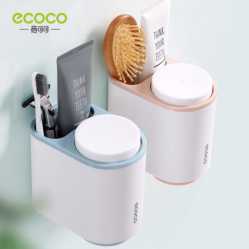 Kệ để đồ nhà tắm kèm 2 cốc đánh răng ưu việt Ecoco (Không cần khoan tường)