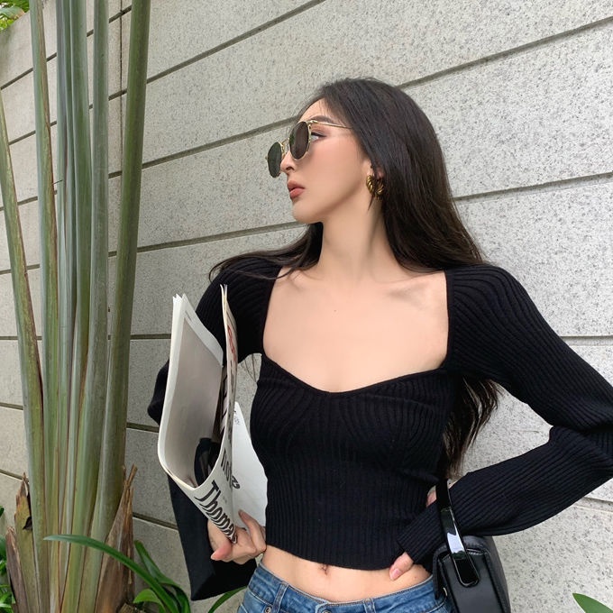 Áo dệt kim COZOK tay dài cổ vuông dáng ôm thiết kế đơn giản thời trang