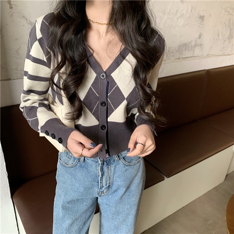 Áo khoác cardigan dệt kim tay dài họa tiết caro kim cương phong cách Anh Quốc thời trang mùa thu