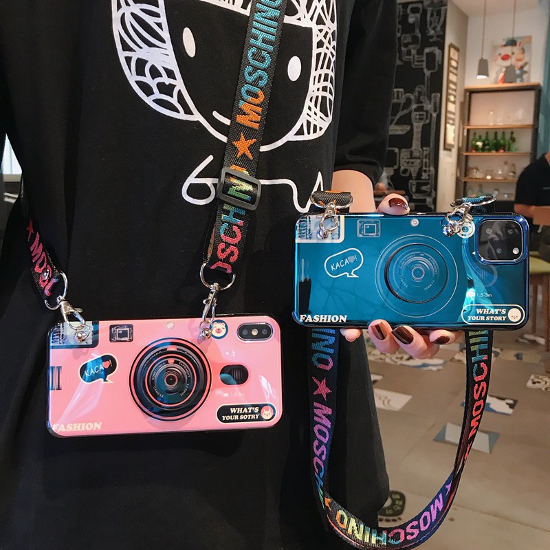 Ốp lưng iPhone 13 12 11 8 8+ 7 7+ 6 6+ 6S 6S+ Plus Pro X XR XS Max SE 2020 3D Lovers Retro Camera Soft Case With Lanyard and Stand
